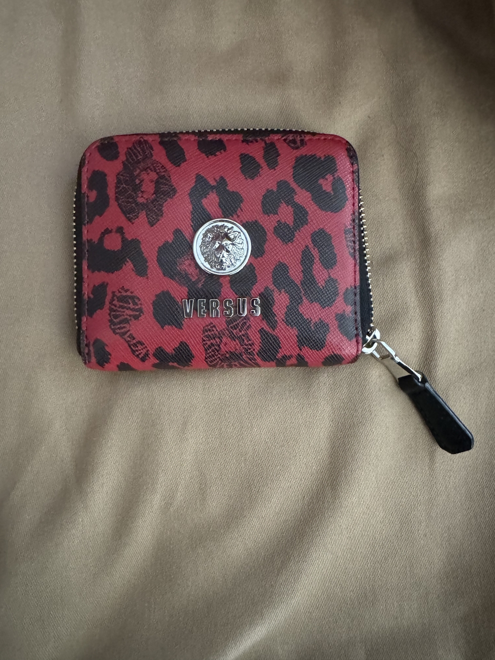 Versus Versace Red and Black Leopard Print Zip Wallet